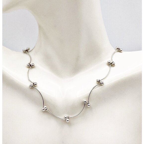 VTG GSJ 925 Sterling Silver Curved Bar Beaded Station Necklace Adjustable Dainty - Picture 1 of 5